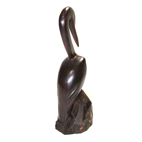 Hand Carved Natural Wood Tall Crane Stork Bird Figurine Vintage 11 in x 3 in - Picture 10 of 13